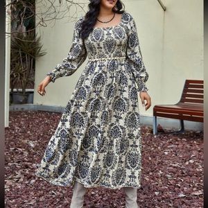Boho Plus Size Damask Print Smock Maxi Dress Without Belt